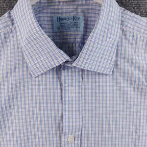 Hilditch Key Check 16.5 Cotton Blue Men Long Sleeve Button Up Shirt French Cuff